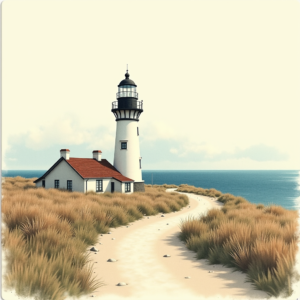 Risograph — Quiet Coastal Lighthouse Against A Soft Illustration Styles #0058 (Midjourney)