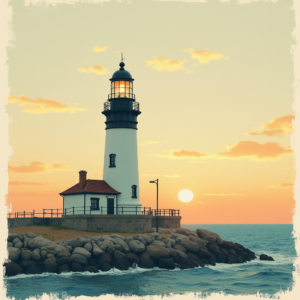 Risograph — Quiet Coastal Lighthouse Against A Soft Illustration Styles #0076 (Firefly)