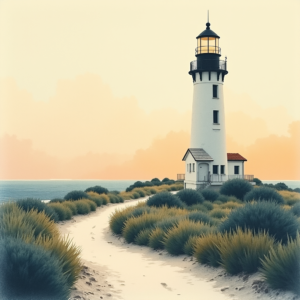 Risograph — Quiet Coastal Lighthouse Against A Soft Illustration Styles #0094 (Midjourney)