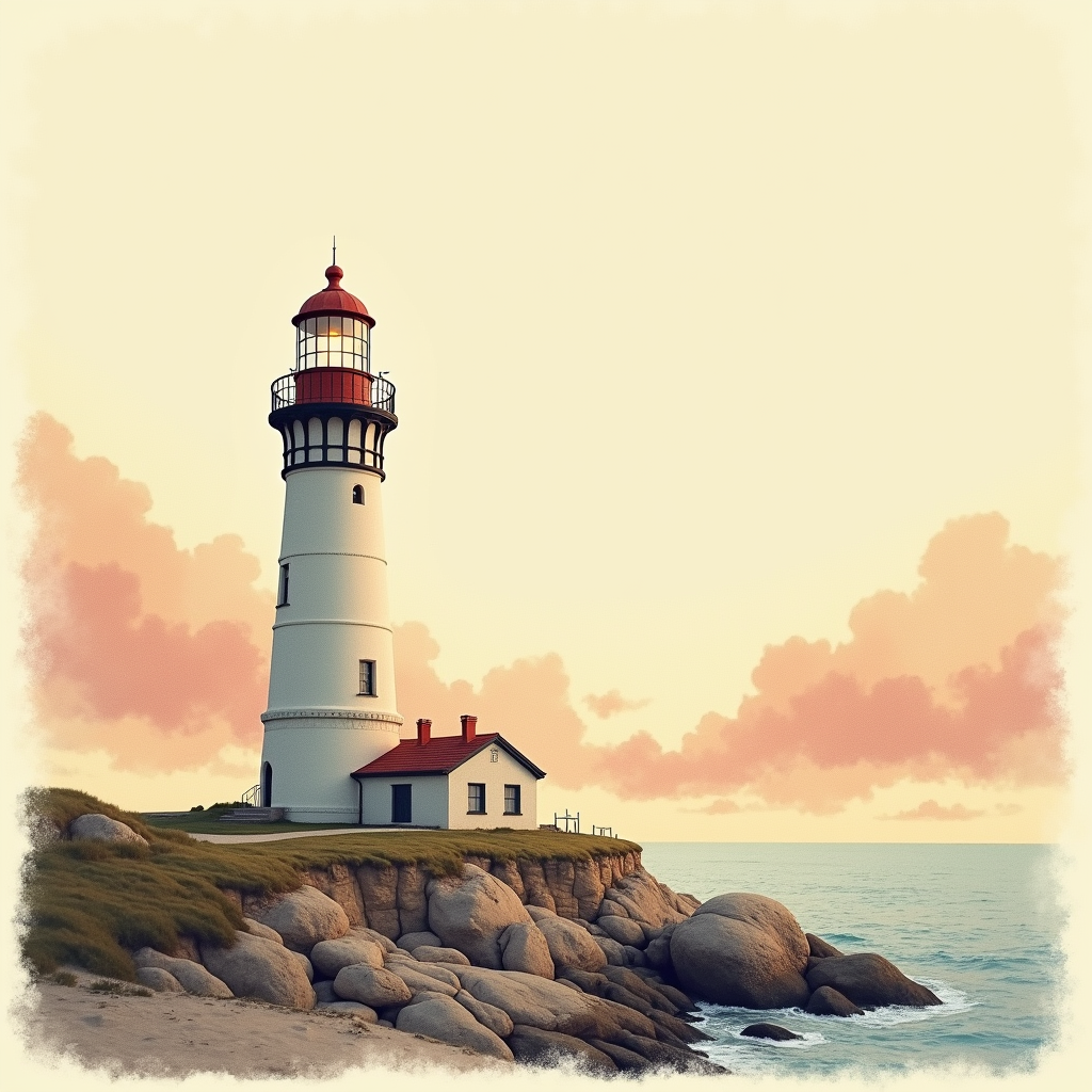 Risograph — Quiet Coastal Lighthouse Against A Soft Illustration Styles #0124 (Firefly)