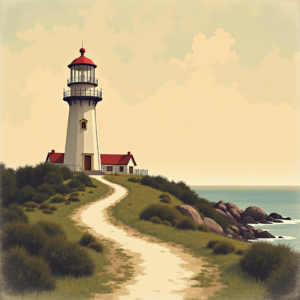 Risograph — Quiet Coastal Lighthouse Against A Soft Illustration Styles #0130 (Midjourney)