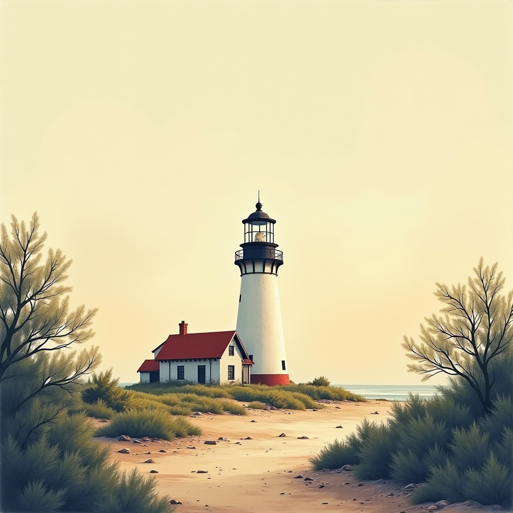 Risograph — Quiet Coastal Lighthouse Against A Soft Illustration Styles #0136 (Firefly)