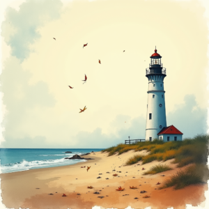Risograph — Quiet Coastal Lighthouse Against A Soft Illustration Styles #0190 (Midjourney)