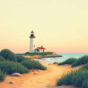 Risograph — Quiet Coastal Lighthouse Against A Soft Illustration Styles #0237 (Dreamina)
