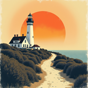 Risograph — Quiet Coastal Lighthouse Against A Soft Illustration Styles #0273 (Dreamina)