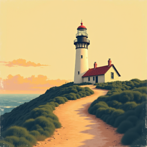 Risograph — Quiet Coastal Lighthouse Against A Soft Illustration Styles #0309 (Dreamina)