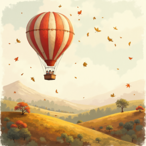 Risograph — Whimsical Hot-air Balloon Drifting Over Rolling Illustration Styles #0009 (Dreamina)