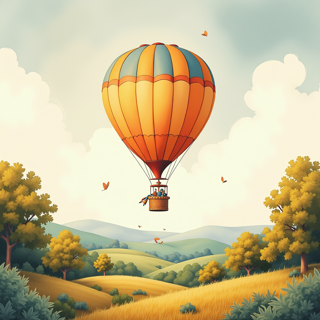 Risograph — Whimsical Hot-air Balloon Drifting Over Rolling Illustration Styles #0027 (ChatGPT)