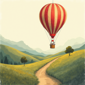 Risograph — Whimsical Hot-air Balloon Drifting Over Rolling Illustration Styles #0057 (Dreamina)