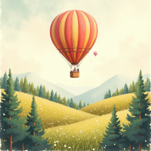 Risograph — Whimsical Hot-air Balloon Drifting Over Rolling Illustration Styles #0063 (ChatGPT)