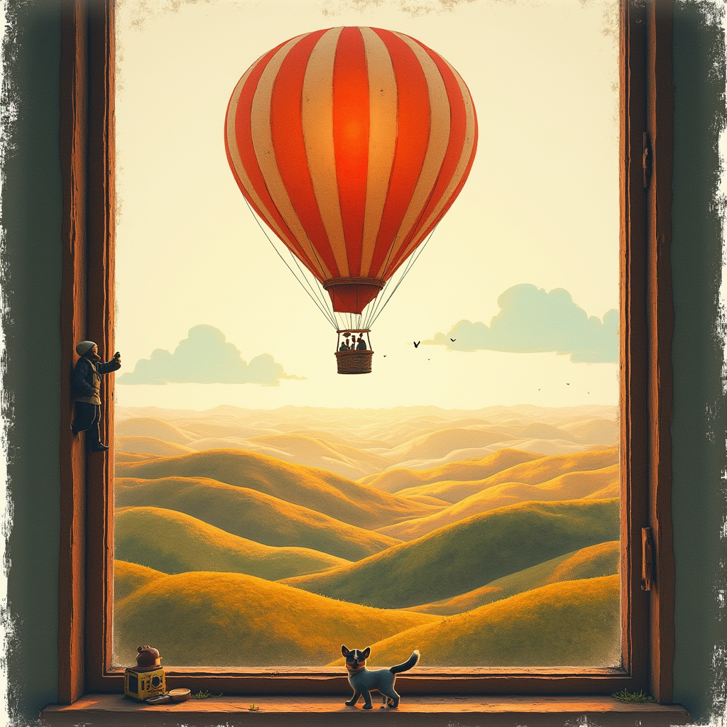 Risograph — Whimsical Hot-air Balloon Drifting Over Rolling Illustration Styles #0075 (ChatGPT)