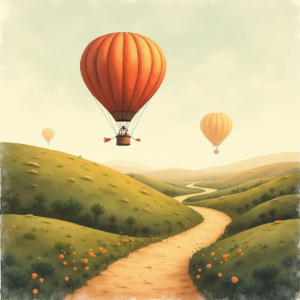 Risograph — Whimsical Hot-air Balloon Drifting Over Rolling Illustration Styles #0093 (Dreamina)