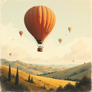 Risograph — Whimsical Hot-air Balloon Drifting Over Rolling Illustration Styles #0105 (Dreamina)