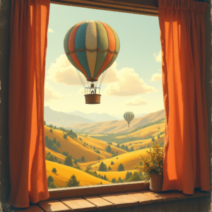 Risograph — Whimsical Hot-air Balloon Drifting Over Rolling Illustration Styles #0111 (ChatGPT)