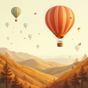 Risograph — Whimsical Hot-air Balloon Drifting Over Rolling Illustration Styles #0117 (Dreamina)
