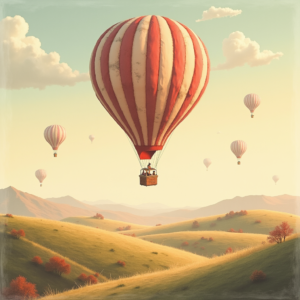 Risograph — Whimsical Hot-air Balloon Drifting Over Rolling Illustration Styles #0123 (ChatGPT)