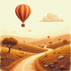 Risograph — Whimsical Hot-air Balloon Drifting Over Rolling Illustration Styles #0129 (Dreamina)