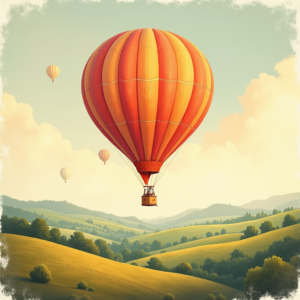 Risograph — Whimsical Hot-air Balloon Drifting Over Rolling Illustration Styles #0141 (Dreamina)