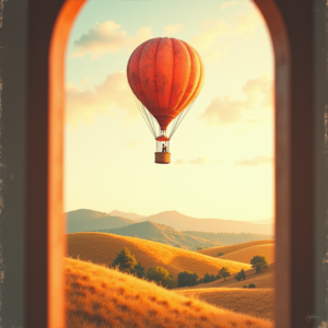 Risograph — Whimsical Hot-air Balloon Drifting Over Rolling Illustration Styles #0147 (ChatGPT)