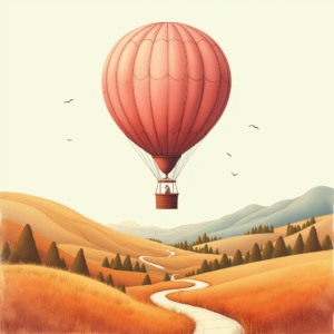Risograph — Whimsical Hot-air Balloon Drifting Over Rolling Illustration Styles #0165 (Dreamina)