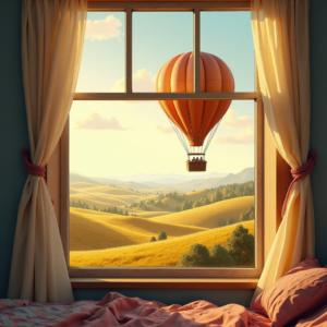 Risograph — Whimsical Hot-air Balloon Drifting Over Rolling Illustration Styles #0183 (ChatGPT)