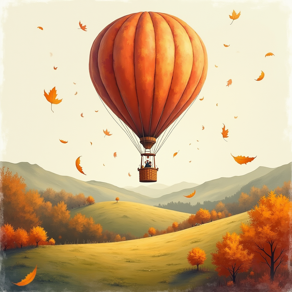 Risograph — Whimsical Hot-air Balloon Drifting Over Rolling Illustration Styles #0189 (Dreamina)