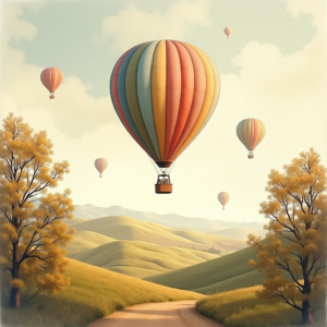 Risograph — Whimsical Hot-air Balloon Drifting Over Rolling Illustration Styles #0207 (ChatGPT)
