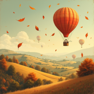 Risograph — Whimsical Hot-air Balloon Drifting Over Rolling Illustration Styles #0225 (Dreamina)