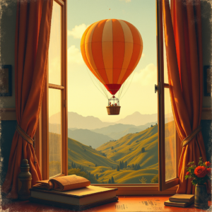 Risograph — Whimsical Hot-air Balloon Drifting Over Rolling Illustration Styles #0254 (Gemini)