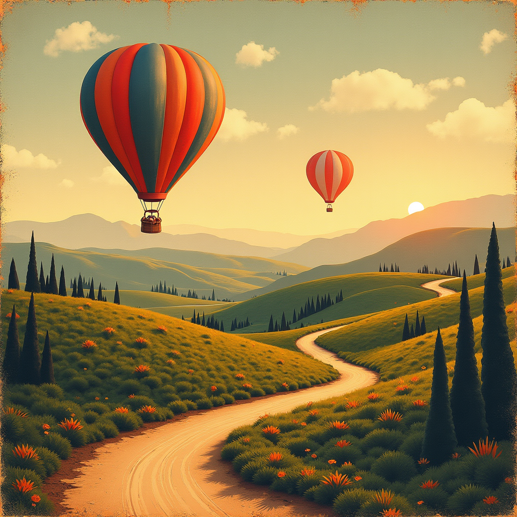 Risograph — Whimsical Hot-air Balloon Drifting Over Rolling Illustration Styles #0272 (Seedream)