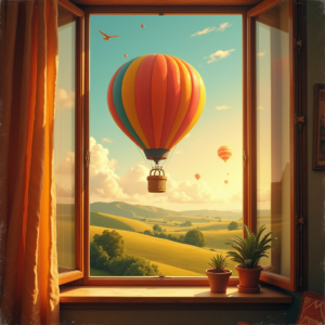 Risograph — Whimsical Hot-air Balloon Drifting Over Rolling Illustration Styles #0290 (Gemini)