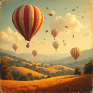 Risograph — Whimsical Hot-air Balloon Drifting Over Rolling Illustration Styles #0296 (Seedream)