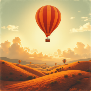 Risograph — Whimsical Hot-air Balloon Drifting Over Rolling Illustration Styles #0302 (Gemini)