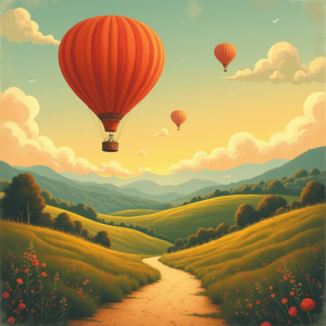 Risograph — Whimsical Hot-air Balloon Drifting Over Rolling Illustration Styles #0308 (Seedream)