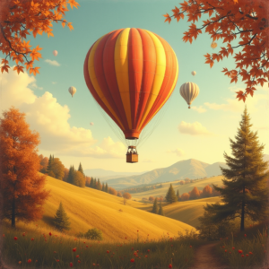 Risograph — Whimsical Hot-air Balloon Drifting Over Rolling Illustration Styles #0314 (Gemini)