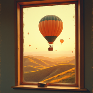 Risograph — Whimsical Hot-air Balloon Drifting Over Rolling Illustration Styles #0326 (Gemini)