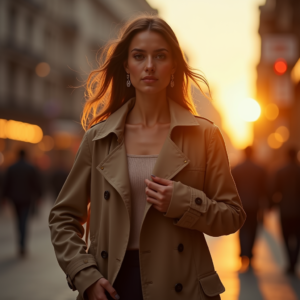 Food Photography — Model In A Structured Trench Coat Photography #0036 (Seedream)