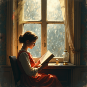 Vintage — Nostalgic Figure Reading By A Rain-streaked Illustration Styles #0038 (FLUX)
