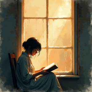 Minimalist — Nostalgic Figure Reading By A Rain-streaked Illustration Styles #0038 (Firefly)