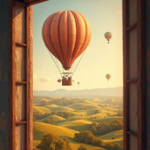 Retro — Whimsical Hot-air Balloon Drifting Over Rolling Illustration Styles #0039 (Firefly)