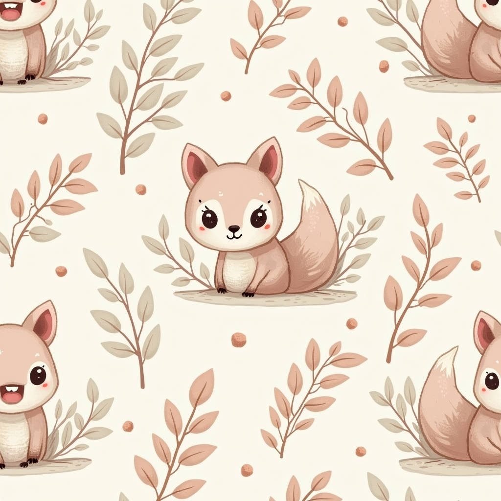 Seamless Patterns — Whimsical Woodland-creature Illustration Peeking Through Soft Printable / Etsy #0305 (Dreamina)