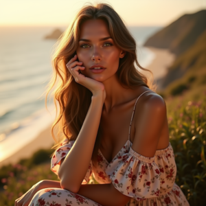 Travel — Woman In A Flowing Floral Sundress Photography #0117 (Ideogram)