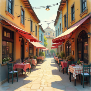 Vintage — Charming Market Street Lined With Striped Illustration Styles #0005 (ChatGPT)