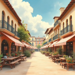 Vintage — Charming Market Street Lined With Striped Illustration Styles #0017 (ChatGPT)