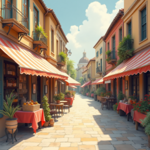 Vintage — Charming Market Street Lined With Striped Illustration Styles #0023 (Dreamina)