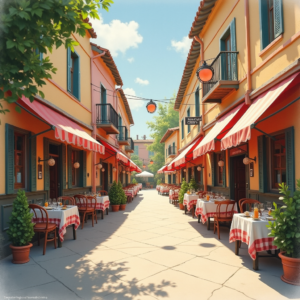 Vintage — Charming Market Street Lined With Striped Illustration Styles #0029 (ChatGPT)