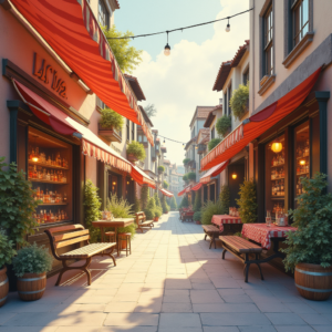 Vintage — Charming Market Street Lined With Striped Illustration Styles #0041 (ChatGPT)