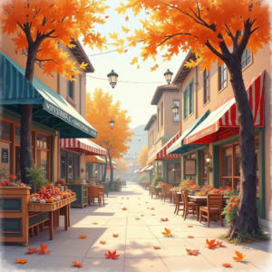 Vintage — Charming Market Street Lined With Striped Illustration Styles #0047 (Dreamina)