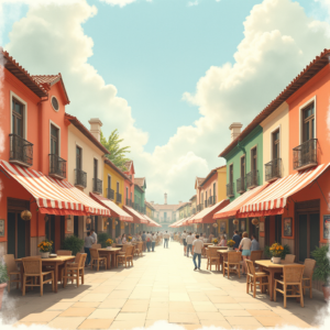 Vintage — Charming Market Street Lined With Striped Illustration Styles #0053 (ChatGPT)