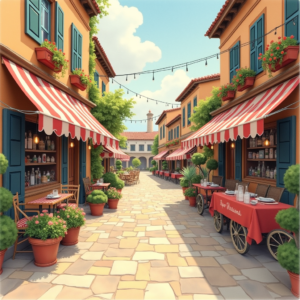Vintage — Charming Market Street Lined With Striped Illustration Styles #0059 (Dreamina)